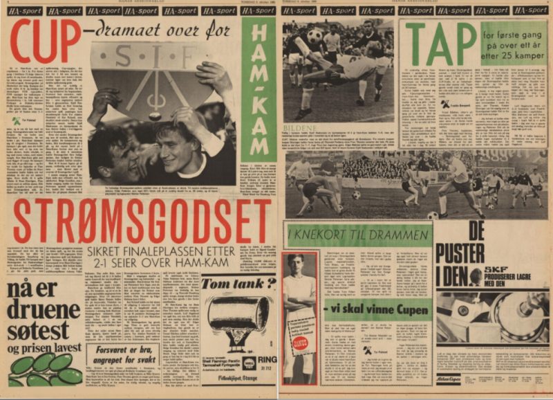 1969: HamKam tapte omkampen i semifinalen hjemme mot Godset med 2-0 (faksimile fra Hamar Arbeiderblad).
