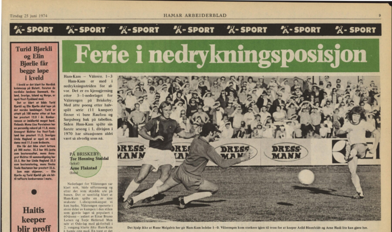 ONKEL: Rune Melgalvis spilte i HamKam i 1974. Her scorer han i hjemmemøtet med Vålerenga (faksimile Hamar Arbeiderblad).