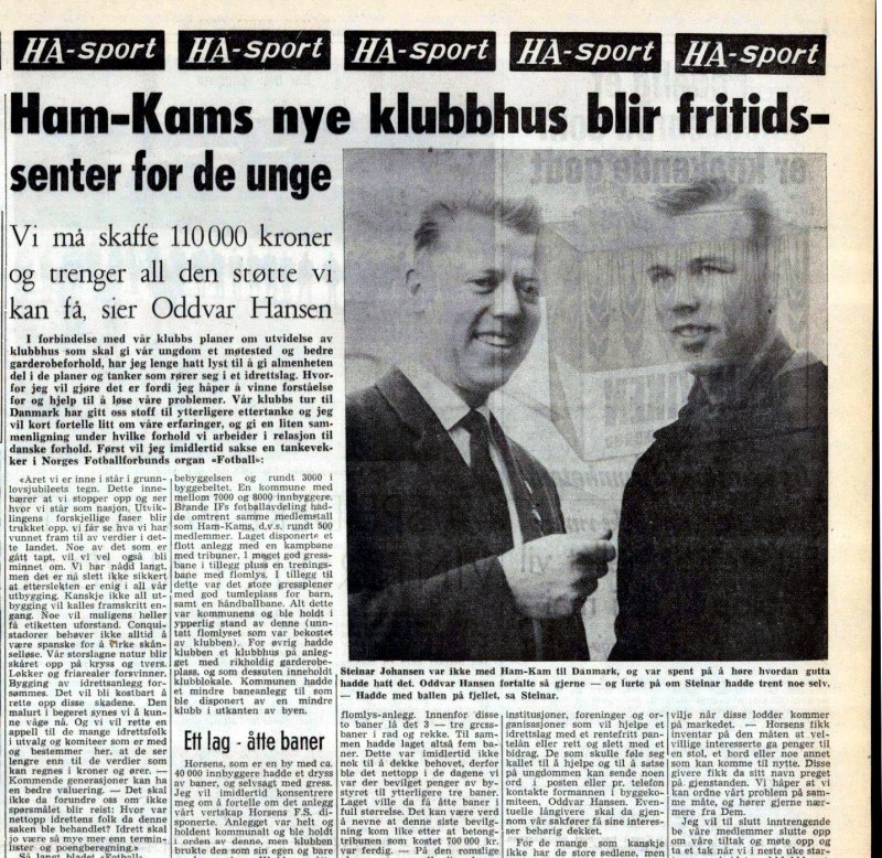 INNSAMLING: I en artikkel i HA fra 1964 ser vi tidligere HamKam-leder Oddvar Hansen og spilleren Steinar Johansen da HamKam trengte støtte til å utvide det gamle klubbhuset. FAKSIMILE: HA